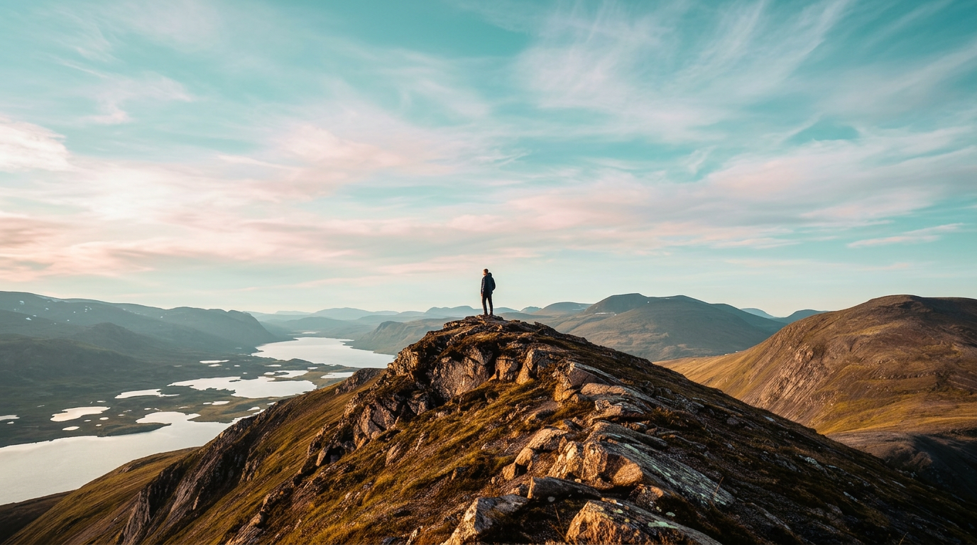 A lone figure on a Scandinavian mountain ridge at golden hour