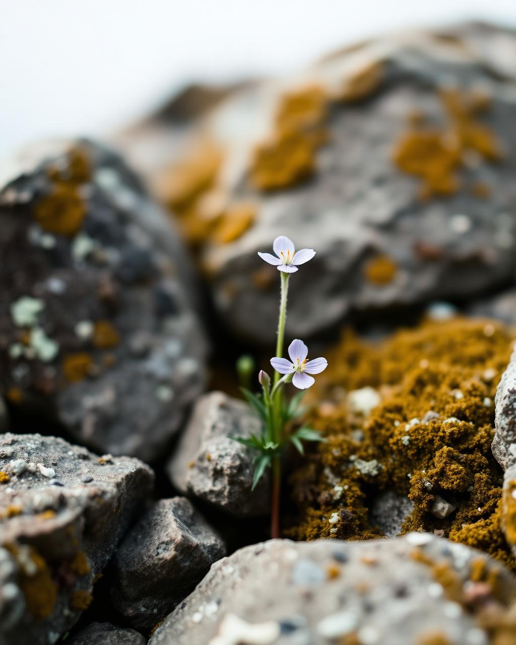 A small Scandinavian mountain wildflower among lichen-covered stones