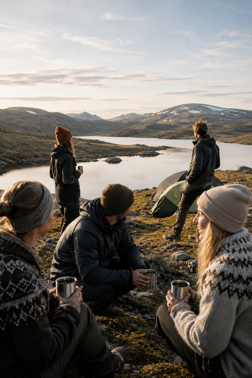 Hikers around a Nordic mountain lake at golden hour