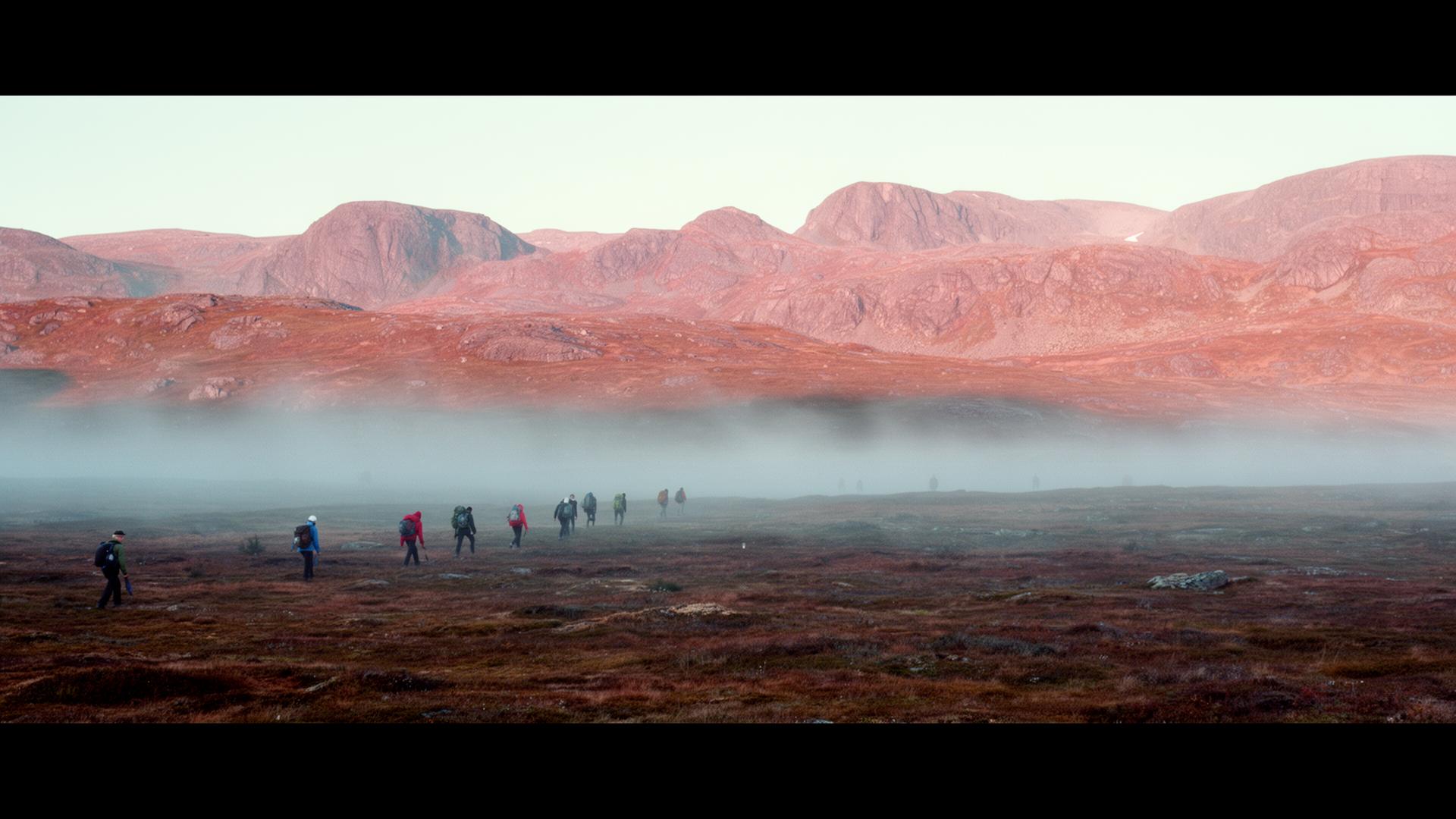 Hikers crossing a misty Nordic plateau at dawn